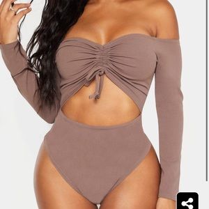 Ruched Bardot Thong Bodysuit